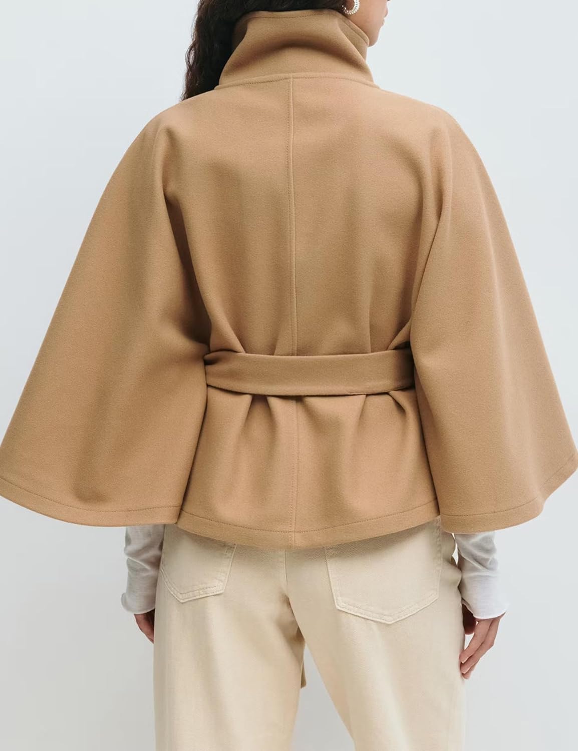 OPCAKM Women's Batwing Sleeve Poncho Coat Oversized Winter Pea Coat Stand Collar Cropped Cape Jacket with Belt - Image 4