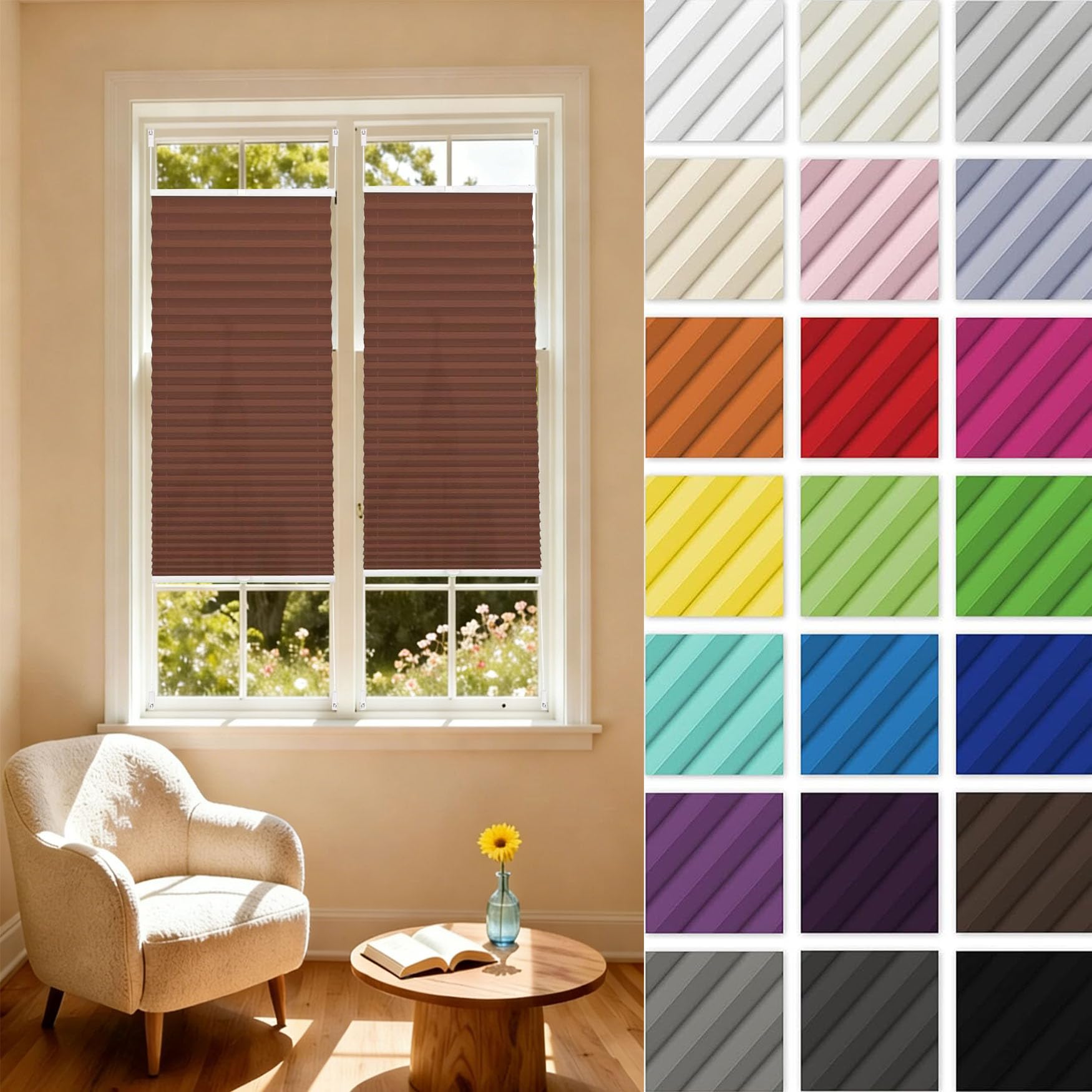 Store plissé sans perçage protection solaire maximale et isolation thermique tissu marron