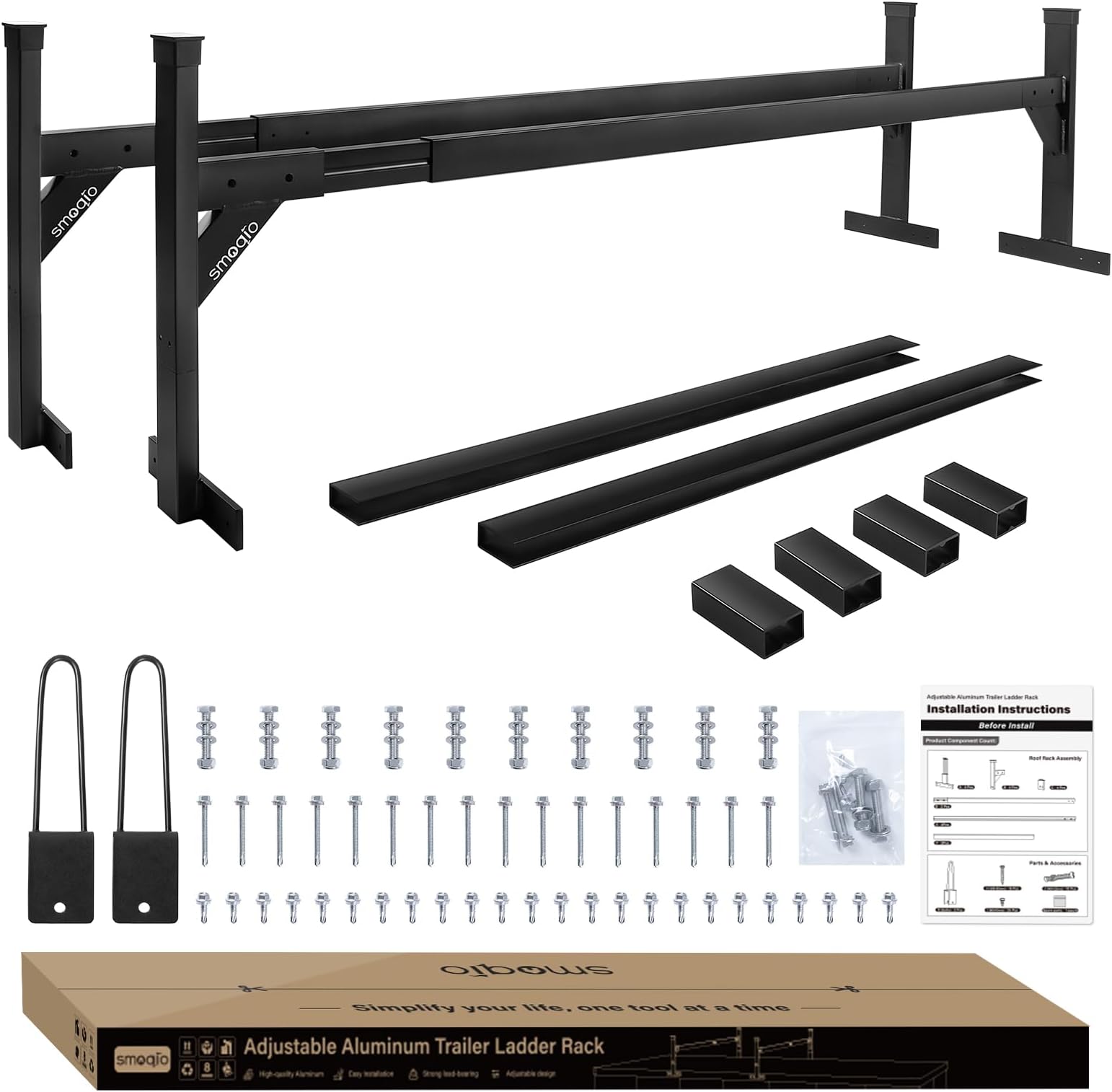 Trailer Ladder Rack Aluminium - 5.77'-8.65' Adjustable with Ladder Stoper, Black, Enclosed & Open Trailer Compatible
