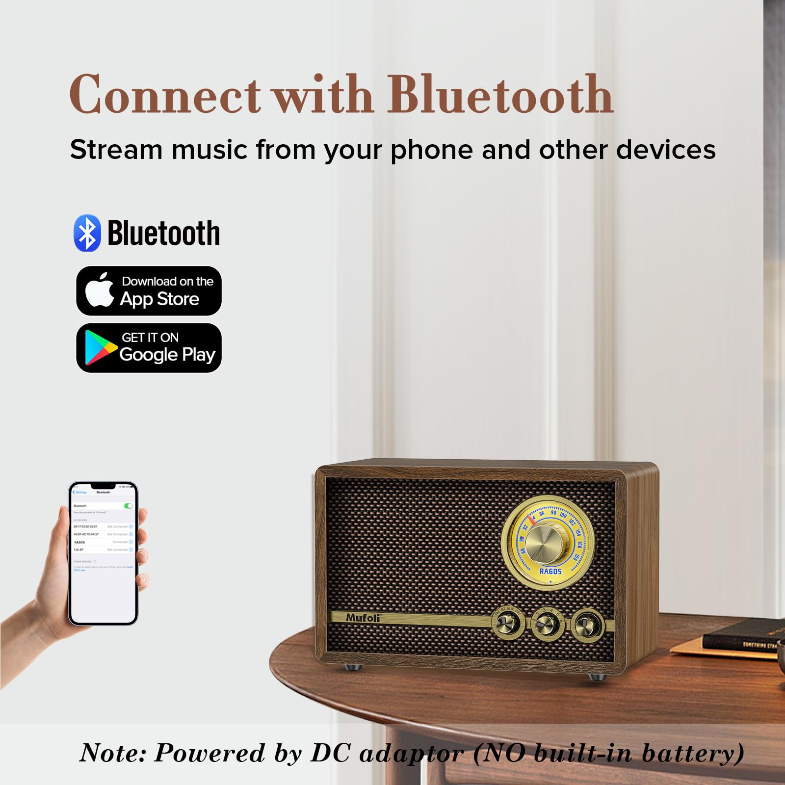 FM Radio, Vintage Bluetooth Speaker with White Noise Function, Wood Retro Radio for Kitchen, Home, Bedroom, Living Room, Office, Cafe, with Rotary Tuning Dial (Espresso/RA60S-B)