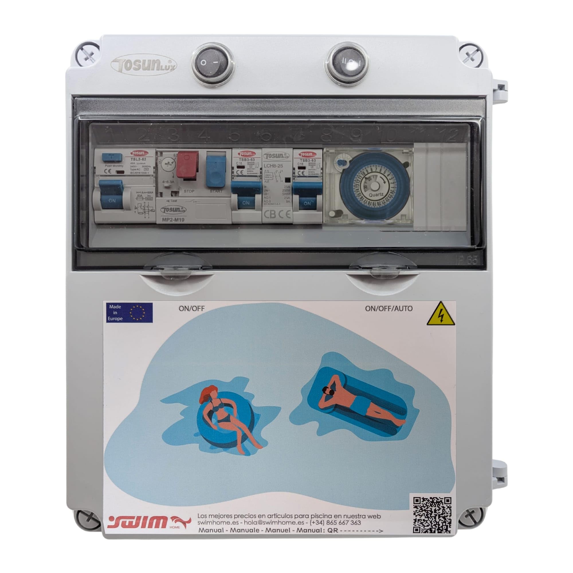 SWIMHOME Tosun Cuadro Eléctrico Piscina para Clorador, Transformador 300W 12V, Guardamotor 2CV, Mando y IP65, Gris