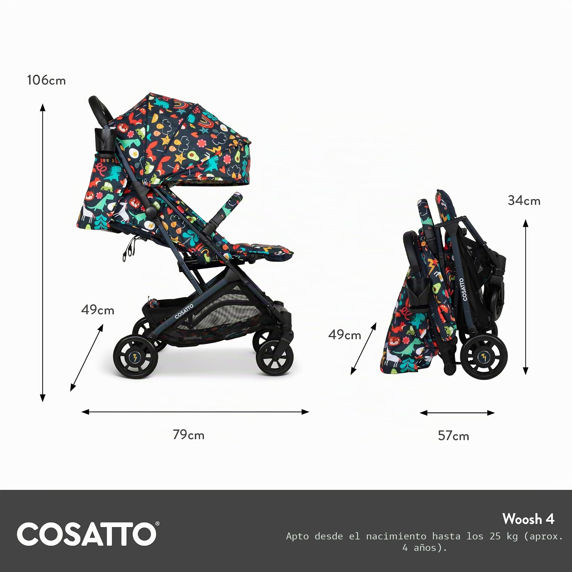 COSATTO Woosh 4 - Cochecito ligero de nacimiento hasta 25 kg, fácil de plegar con una mano, compacto, mango telescópico, cesta de la compra extragrande, portavasos (Old Macdonald)