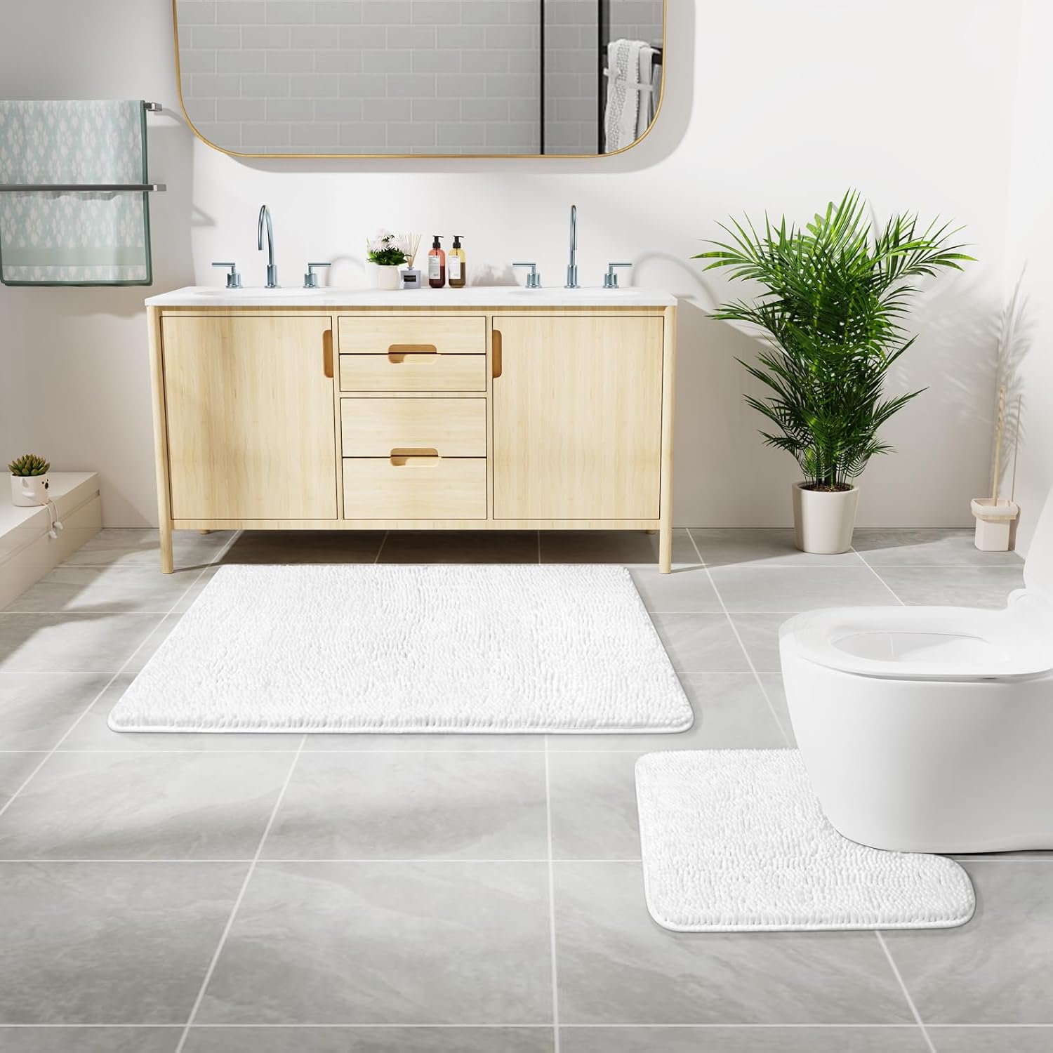 LOCHAS Bathroom Rugs Sets 2 Piece, Soft Non Slip Bath Mat Set, 20''x20'' U-Shaped Toilet Rug and 34''x21'' White Bath Rugs, Washable Absorbent Chenille Toilet Rug Set for Bathroom, Shower, Sink