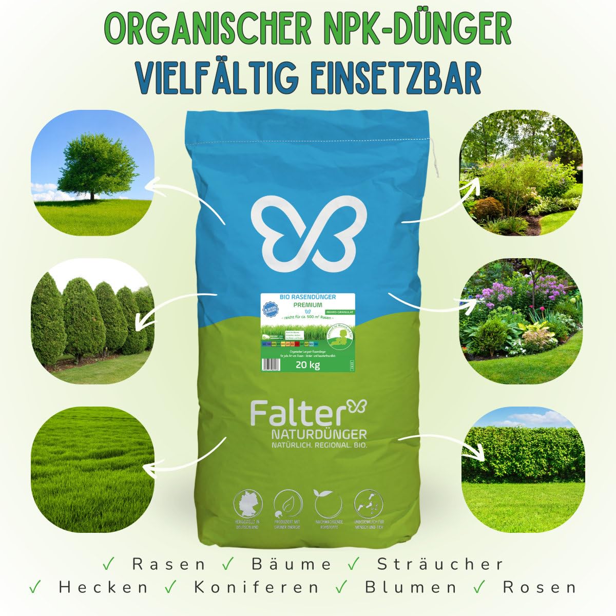 Falter BIO Rasendünger Premium 20 kg | Organischer NPK-Dünger | Biodünger für Rasen, Bäume, Sträucher, Hecken, Koniferen und Rosen. Unbedenklich für Mensch und Tier