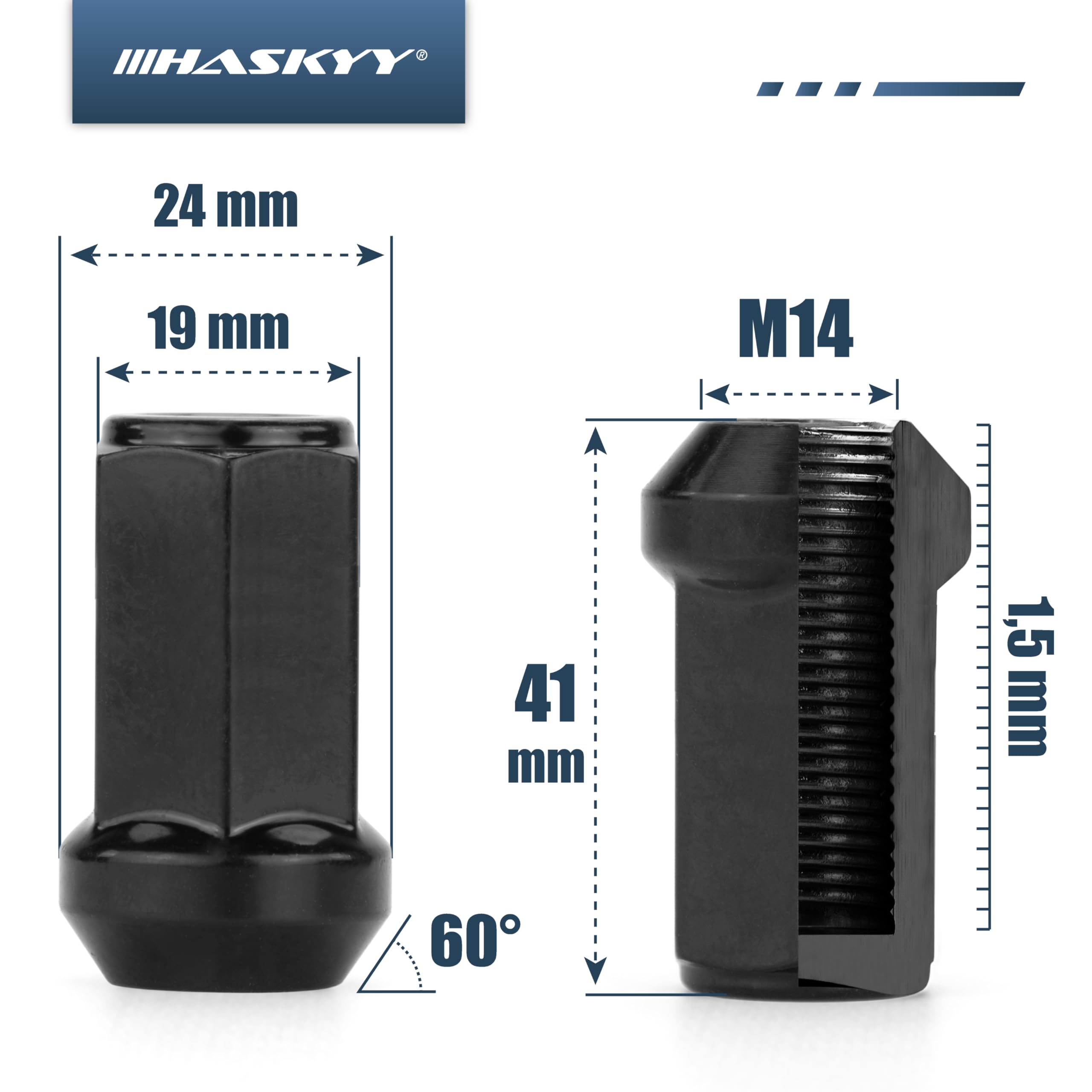 HASKYY Lot de 24 écrous de roue M14 x 1,5 x 41 mm conique 60° SW19 (largeur clé) 6 trous noirs I compatibles avec Dodge RAM à partir de 2019