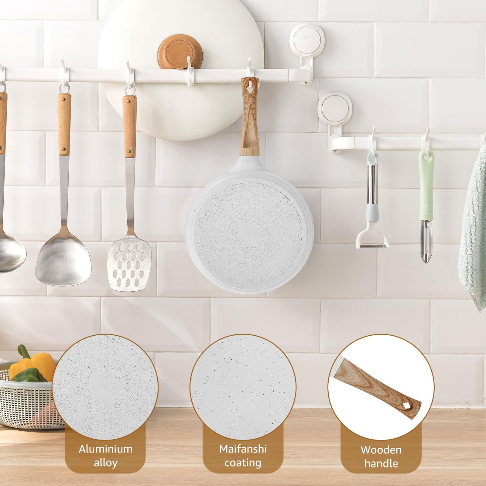 US Crepe Pan with Wood Handle Nonstick Tortilla Pan Portable Pancake Griddle Pan Induction Compatible Frying Pan Pancake Flat Pan with Spreader Spatula for All Stove Crepes Tortillas(M,Beige)