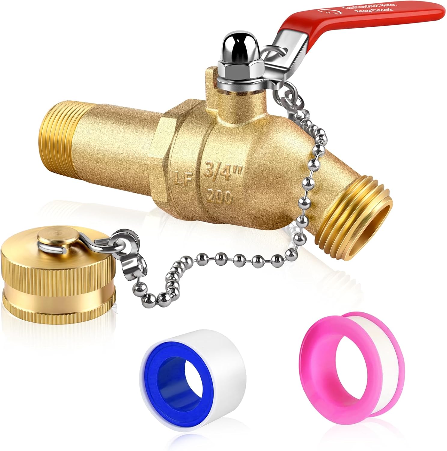 Boltigen Lead-Free Brass Water Heater Drain Valve, 3/4”NPT Inlet x 3/4”GHT Outlet Full Port High Flow Hot Water Heater Tank Drain Valve with 2inch Shank, Long Handle & Anti-Loss Cap (2 inch shank)