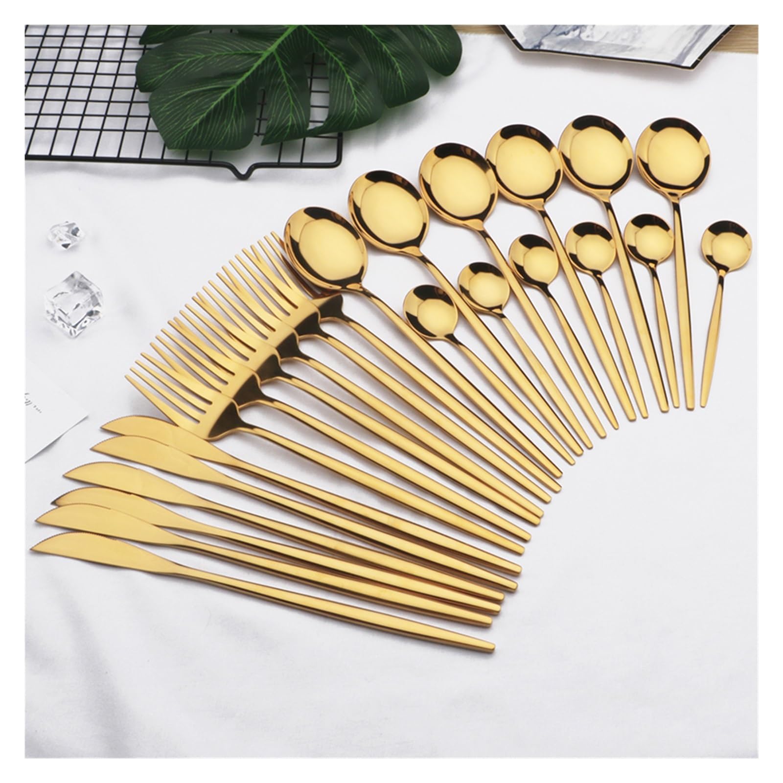 Golden Stainless Steel Spoon Set with Butter Knives, Elegant Flatware Set with Knives, Forks, Spoons, Cutlery for Home, Party, Restaurant, Dishwasher-Safe & Rustproof (Pack of 24)