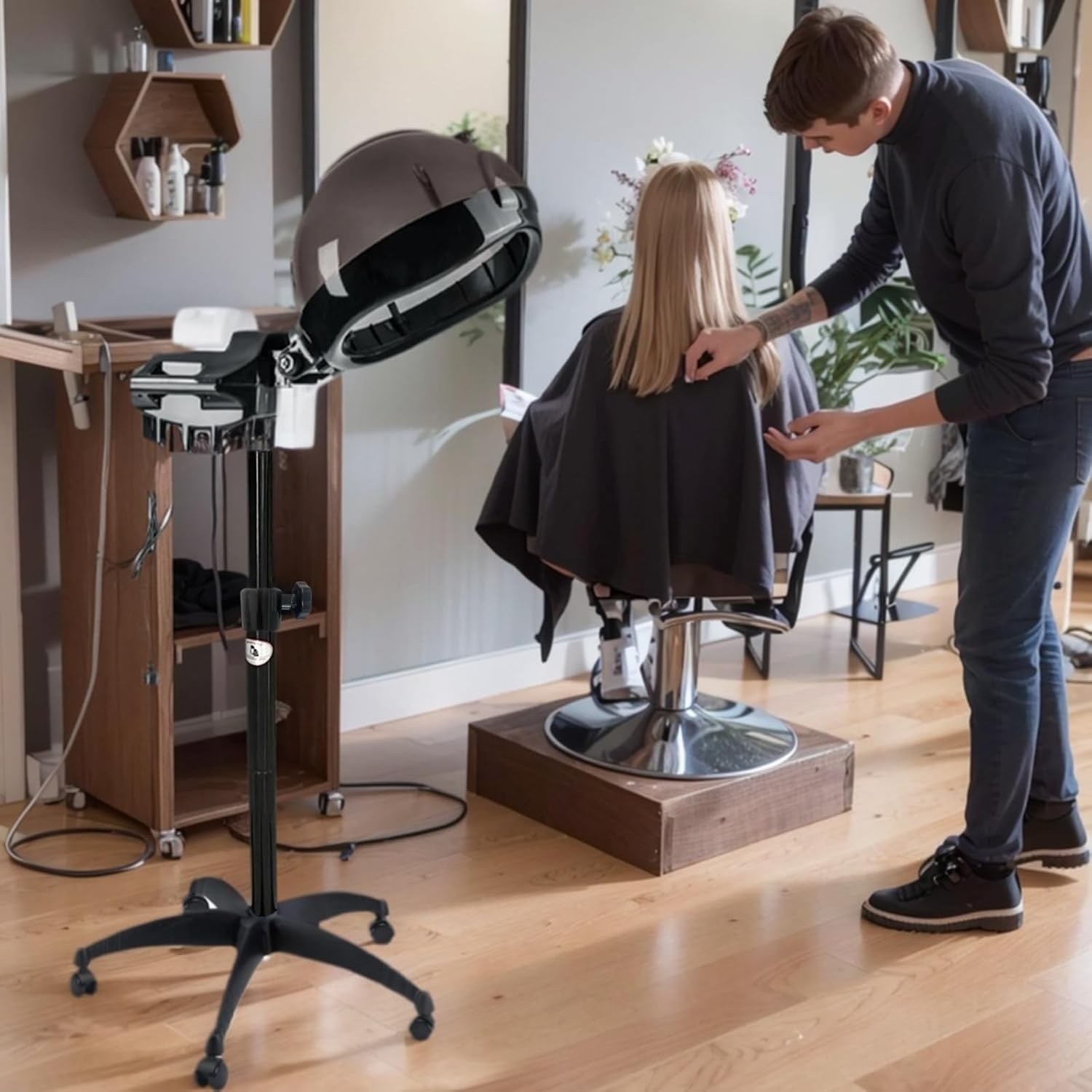 professional standing hooded hair steamer for deep scalp conditioning,adjustable time and temperature settings with dry-run protection,salon station spa equipment,suitable for home and barbershop use