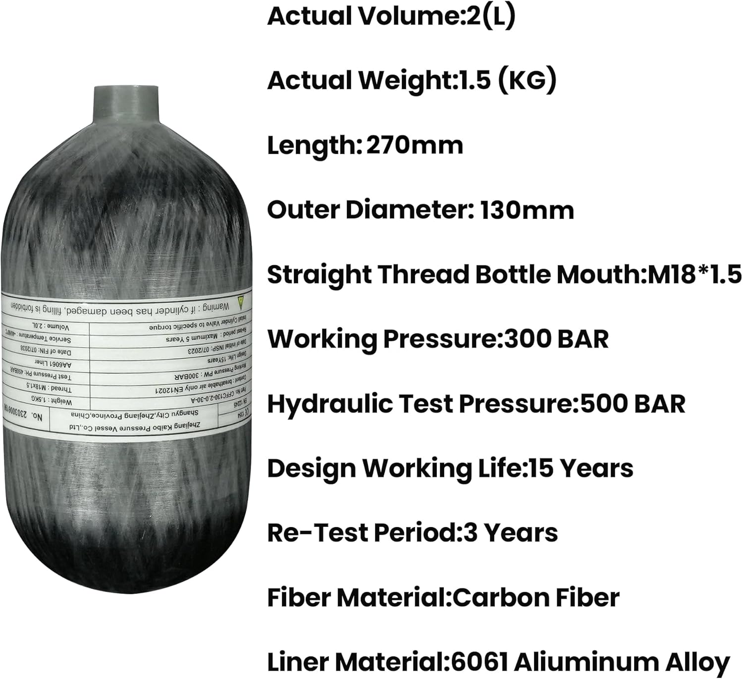 TUXING 4500Psi 2L 122Cu in 2000CC Carbon Fiber Scuba Tank High Pressure Composite Cylinder,Diving Tank,Pcp Air Tank for Deep Diving Snorkeling Water Sports