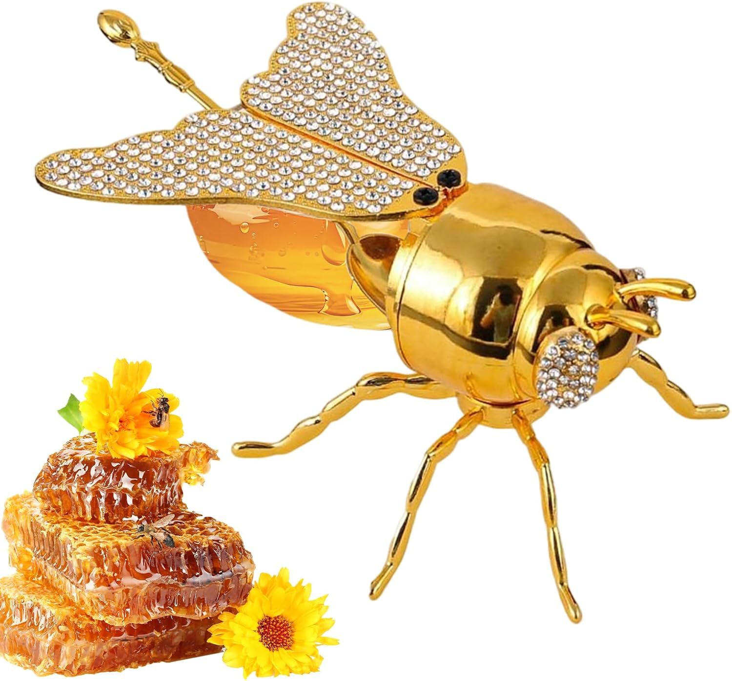 Honey Container Clear Bee Shaped Rhinestone Home Supplies with Spoon | Small Honey Jars for Breakfast Cooking Kitchen Omelette Food Prep Baking Cake Halloween Waffle Holiday Birthday Party Flour