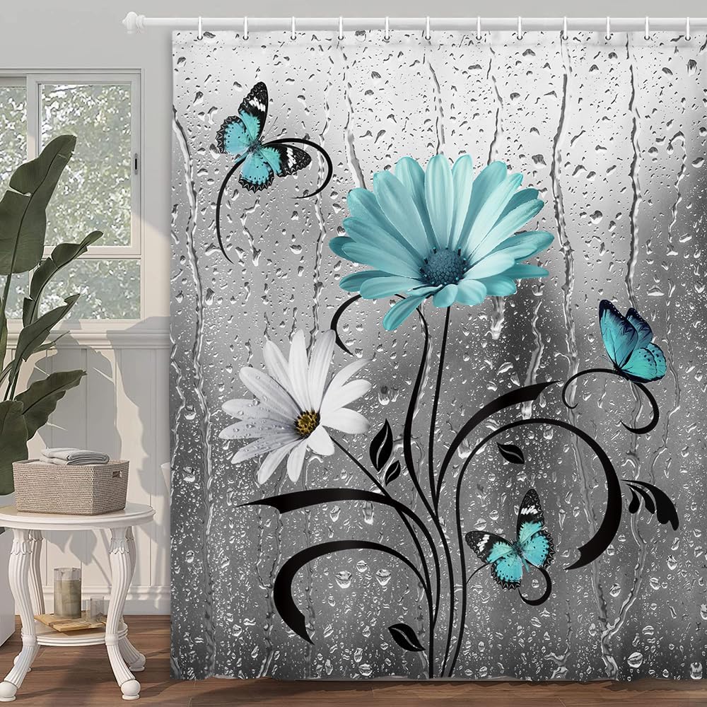 Rustic Teal Floral Boho Shower Curtain, Country Farmhouse Daisy Flowers and Butterfly Shower Curtain for Bathroom, Turquoise Blue Grey Gray Surreal Bathroom Curtain with 12PCS Hooks, 70X84IN