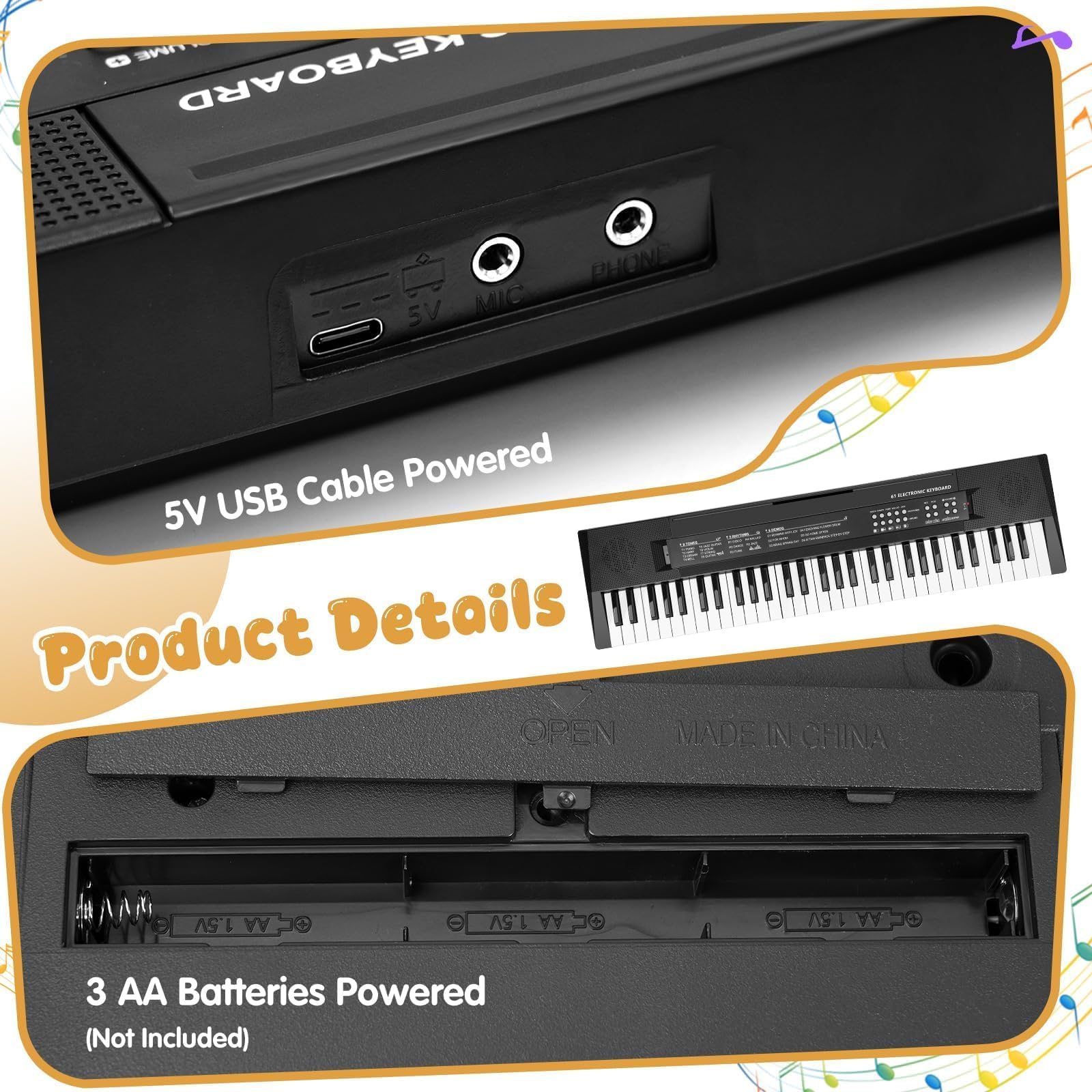 61 Teclas Piano Teclado Infantil con Micrófono - Juguetes Teclados Electrónicos para Edades Musical Regalos para Niños y Niñas de 3 4 5 6 7 Años, Negro