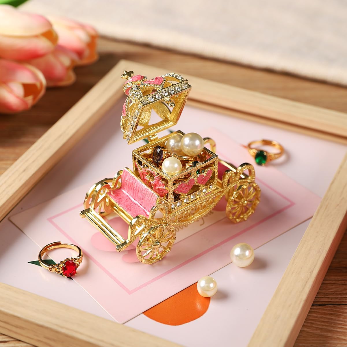 Retro Hollow out Carriage Trinket Box Small Jewelry Boxes Hand-Painted Mother's Day Gift for Women(Pink) - Image 4