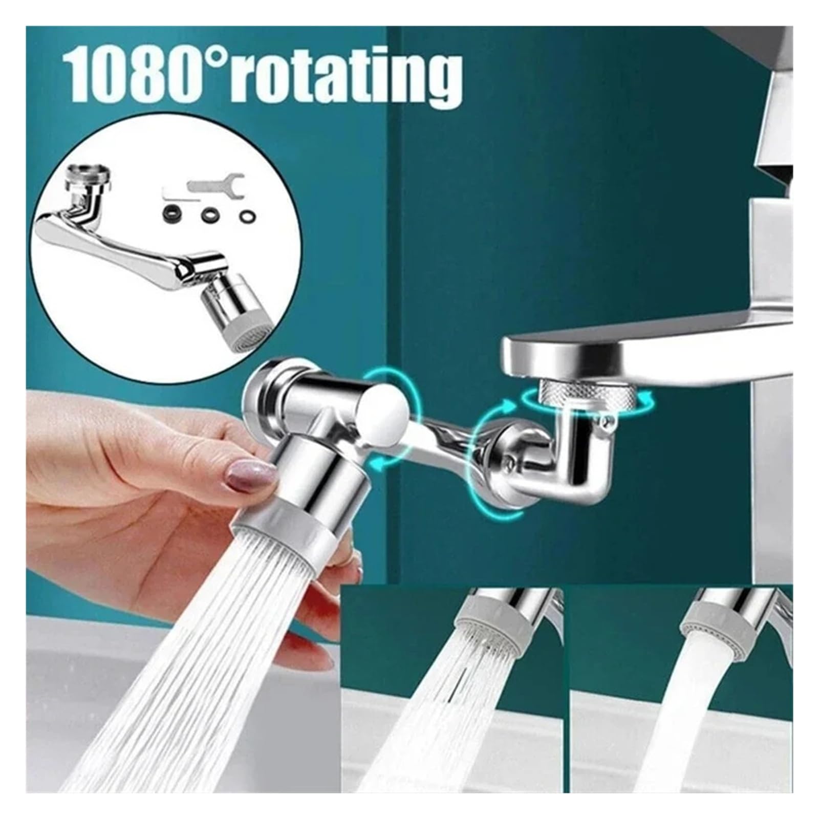 Extensor de grifo giratorio de 1080° con filtro de agua, brazo robótico multifuncional aireador giratorio burbujeador para fregadero de cocina, grifo de baño, 2 modos universales (doble plateado)