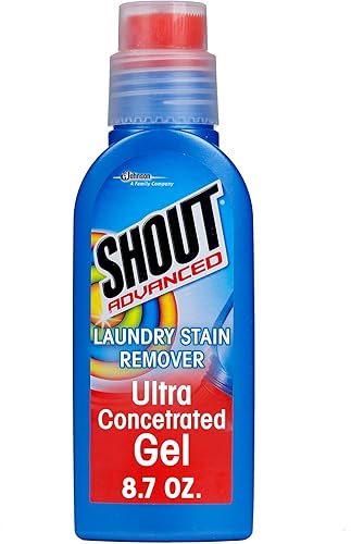 Shout Gel removedor de manchas avanzado para ropa sucia, gel ultra concentrado con cepillo limpiador integrado para manchas profundas, 8.7 onzas