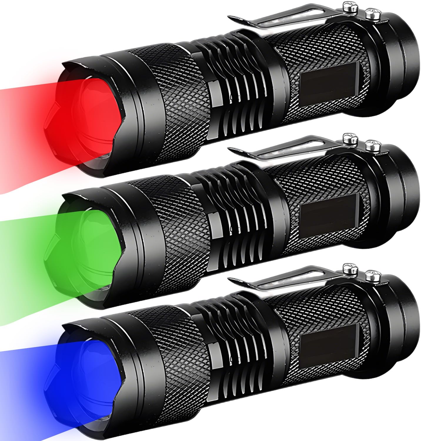3 Pack Red Green Blue Light Bright Small Flashlights, LED Mini Flashlight High Lumens Pen Light with 3 Modes, Zoomable Torch with Clip, Flashlight for Camping,Outdoor,Emergency