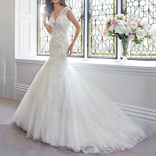 Wedding Dresses for v Neck Sleeveless Plus Size Empire Waist Hips-Wrapped Tulle Lace Applique Bridal Gown with Train White 40, ESBANT, White, Plus 50