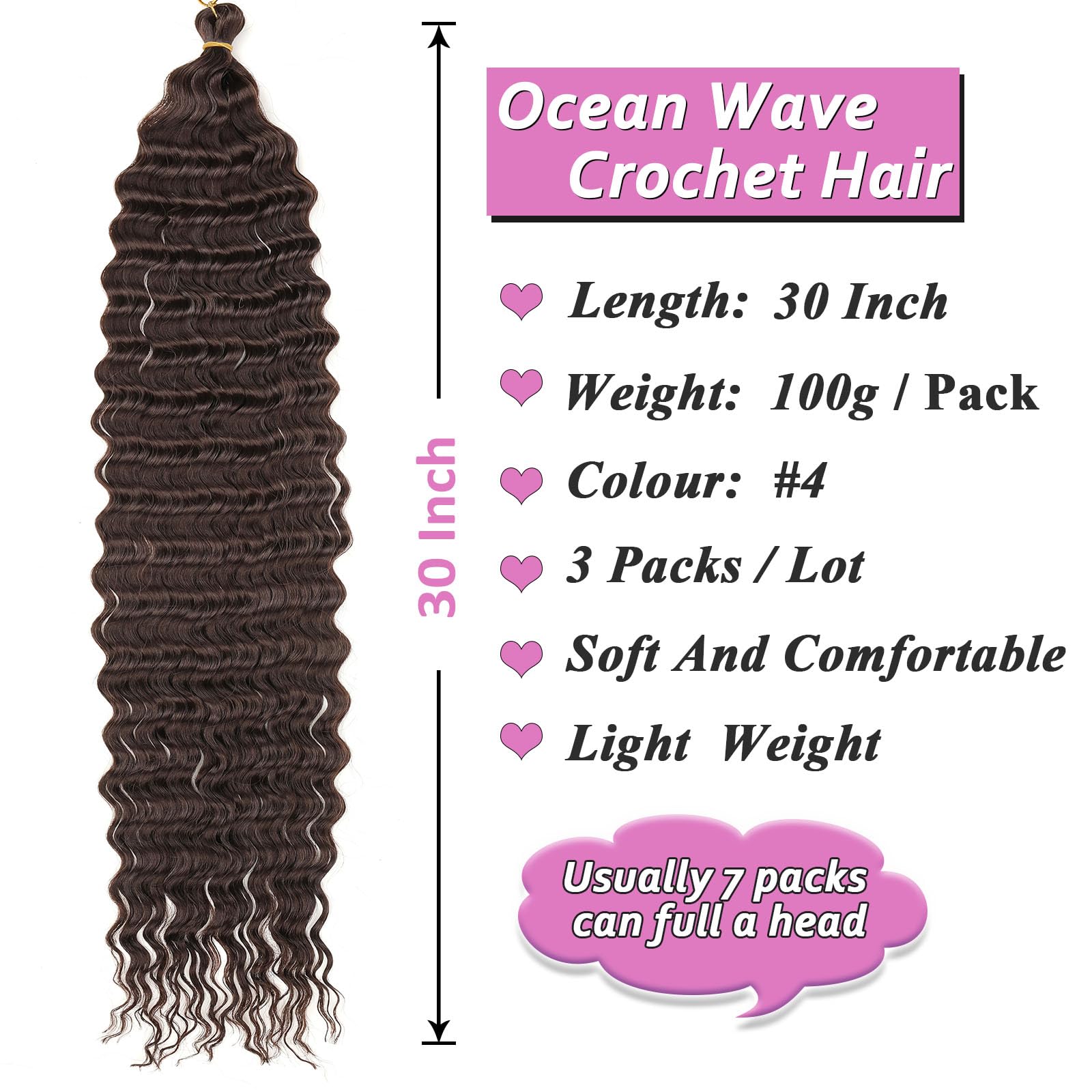 Samtress Long Ocean Wave Crochet Hair 30 Inch Curly Braiding Hair Synthetic 3 Packs Deep Wave Crochet Hair Dark Brown Water Wave Bohemian Twist Crochet Braid Hair Extensions (#4) - Image 2