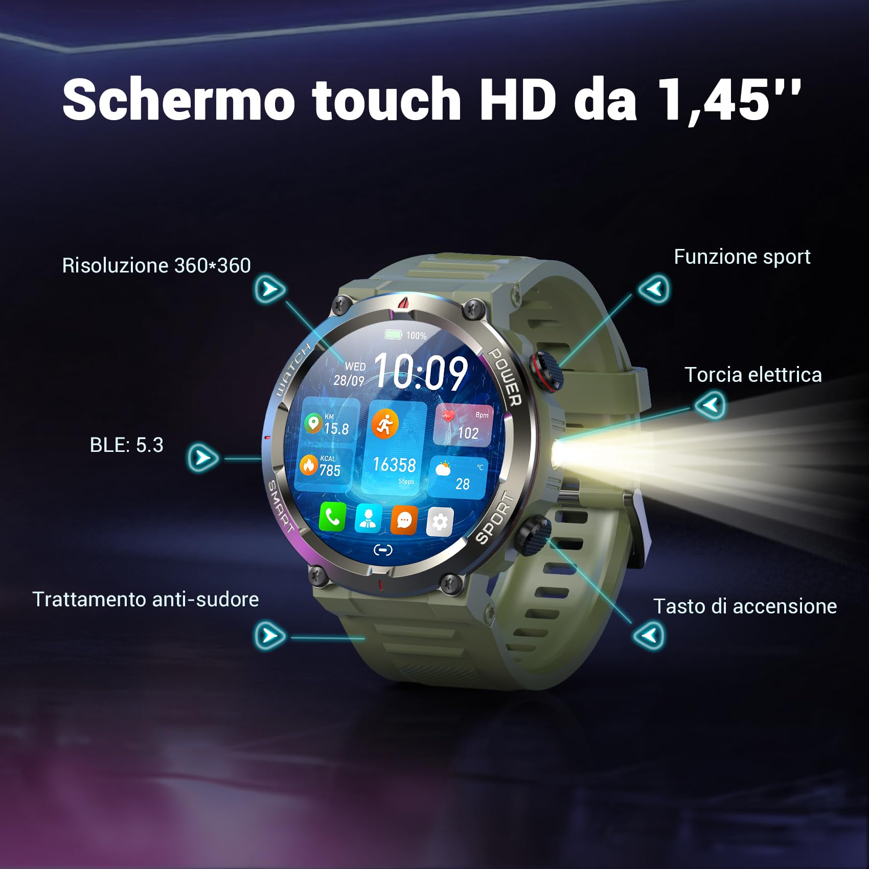 Blackview Smartwatch Uomo, 1.45" Smartwatch Militare Uomo Fitness con Chiamate Bluetooth Orologio Intelligente 100+ Modalità Sportive/Cardiofrequenzimetro/SpO2/Torcia/Bussola per Android iOS