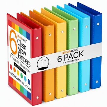 Performore 6-Pack Multi-Color 3-Ring Binders, 1-Inch Round Rings, 8.5x11 Inches, Versatile Binders for Office, Home, School Use, Assorted Colors Dark Blue, Green, Orange, Red, Yellow, Bright Blue