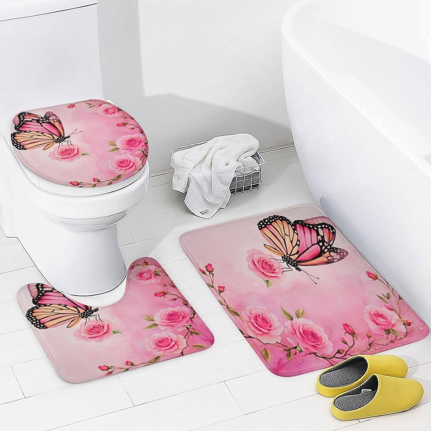 4PCS Watercolor Butterfly Pink Rose Shower Curtain Set 72W X 72L, Fine Flower Branch Leaf Print Bathroom Decor, Toilet Lid Cover Non-Slip Rugs and U-Shaped Mat Set 12 Hooks