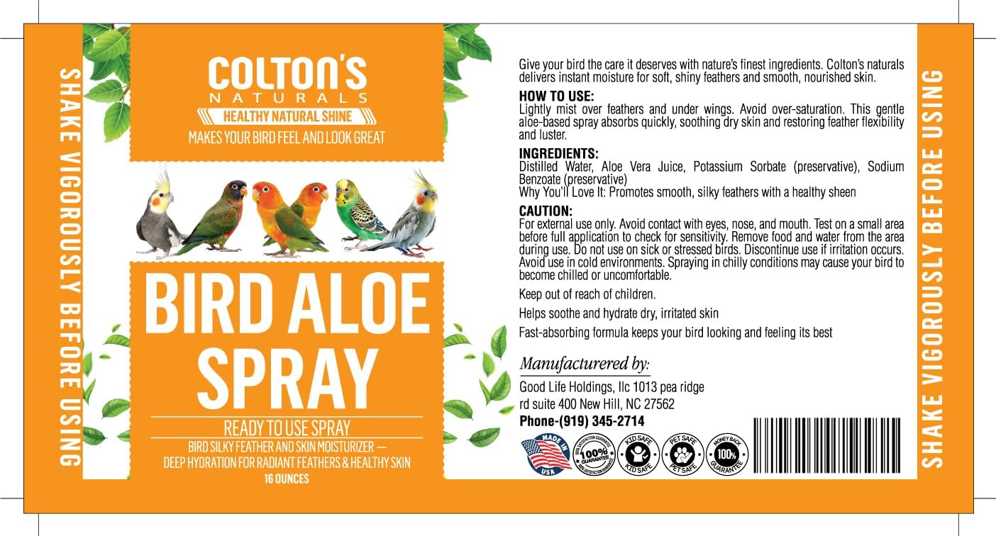 Bird Aloe Vera Spray – Soft Feathers Conditioner & Skin Moisturizer -16 OZ- for Parrots, Cockatiels, Conures & All Birds – Natural Aloe Mist for Molting Relief, Sooths Itchy Dry Skin Feather Plucking