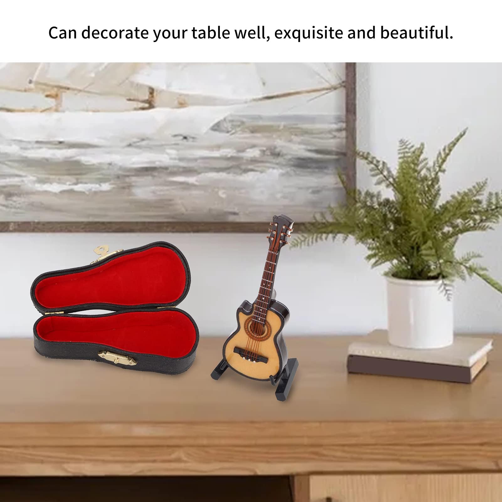 HERCHR Mini Guitar Model, Wooden Miniature Guitar with Stand and Case Musical Instrument Display Ornaments Craft for Desk Shelf Decoration(10cm)