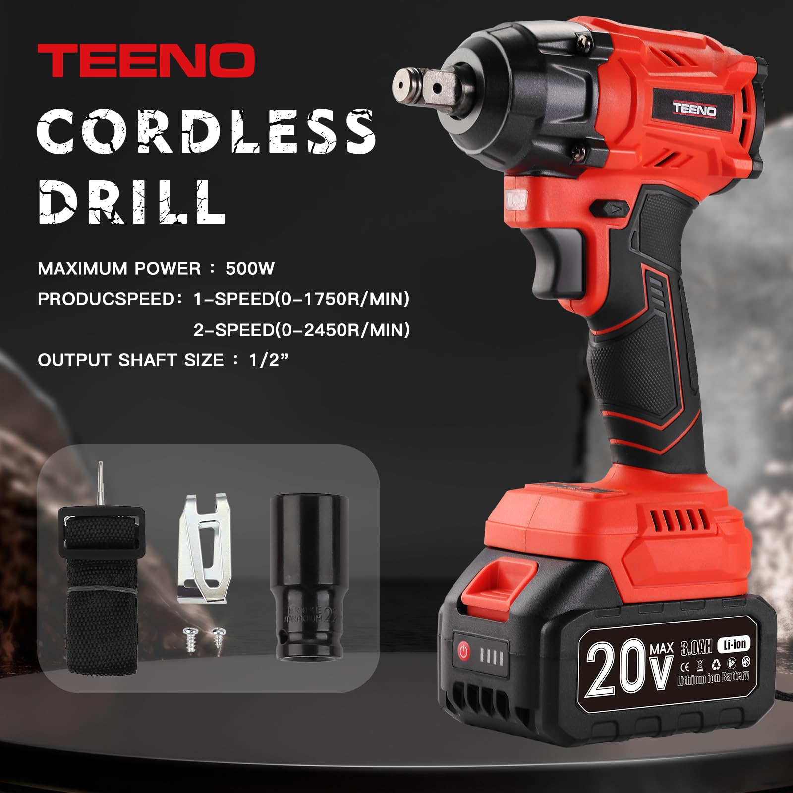 Kit utensili TEENO da 3 pezzi (avvitatore a impatto a batteria senza spazzole + trapano a percussione + smerigliatrice angolare senza spazzole), Batterie da 20 V e 3 Ah*2
