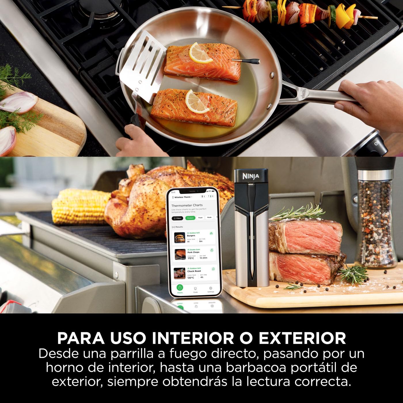 Ninja ProChef Sensor digital de cocina inalámbrico, uso exterior e interior, cocinar, asar y freír con aire, resistente al agua, Bluetooth alcance 50m, conexión a app, automomía 30 h, WP100EU