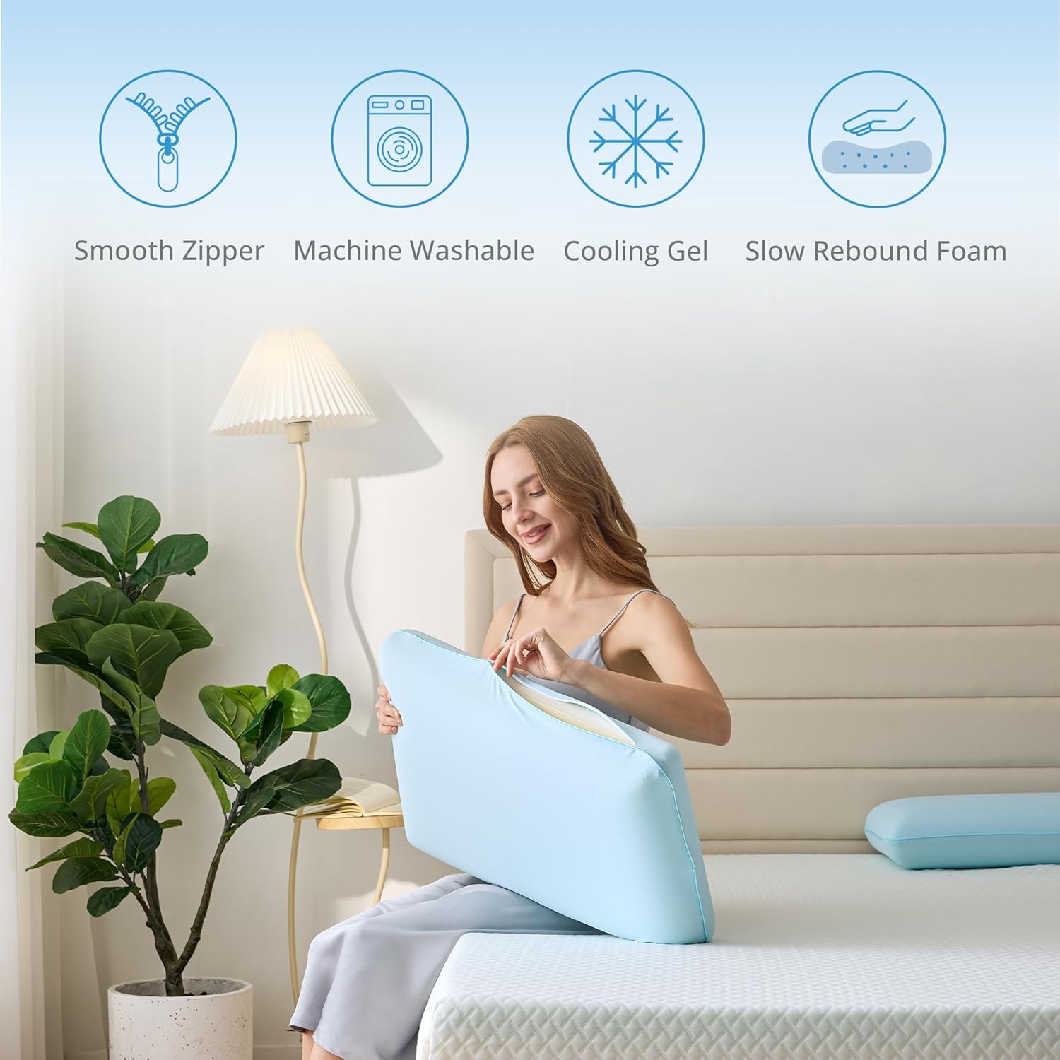 Cooling Pillow for Sleeping, Gel Memory Foam Pillow with Reversible Cover, Neck Support for Side, Back and Stomach Sleepers, Removable & Machine Washable Cover, Bed Pillows for Hot Sleepers, Blue - Image 5