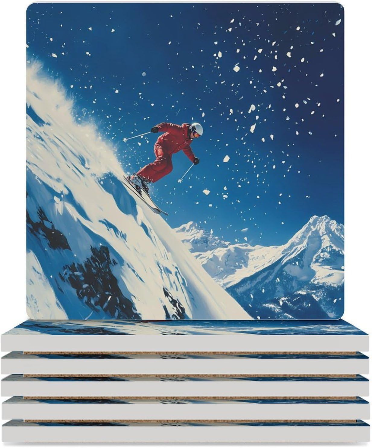 Kier Ski Snowy Sport Coasters for Drinks Square Ceramic Coasters Cup Mats with Cork Base