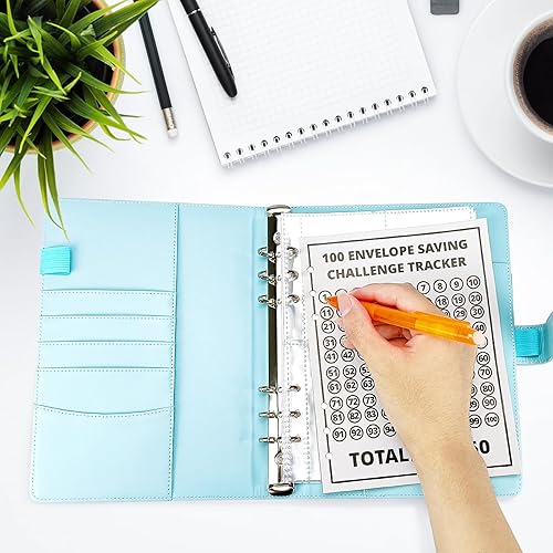 Miniatura 5 de Carpeta de piel con 100 sobres, 52 semanas, para ahorrar dinero, fácil y divertida, para 100 sobres, para ahorrar dinero, carpeta de presupuesto