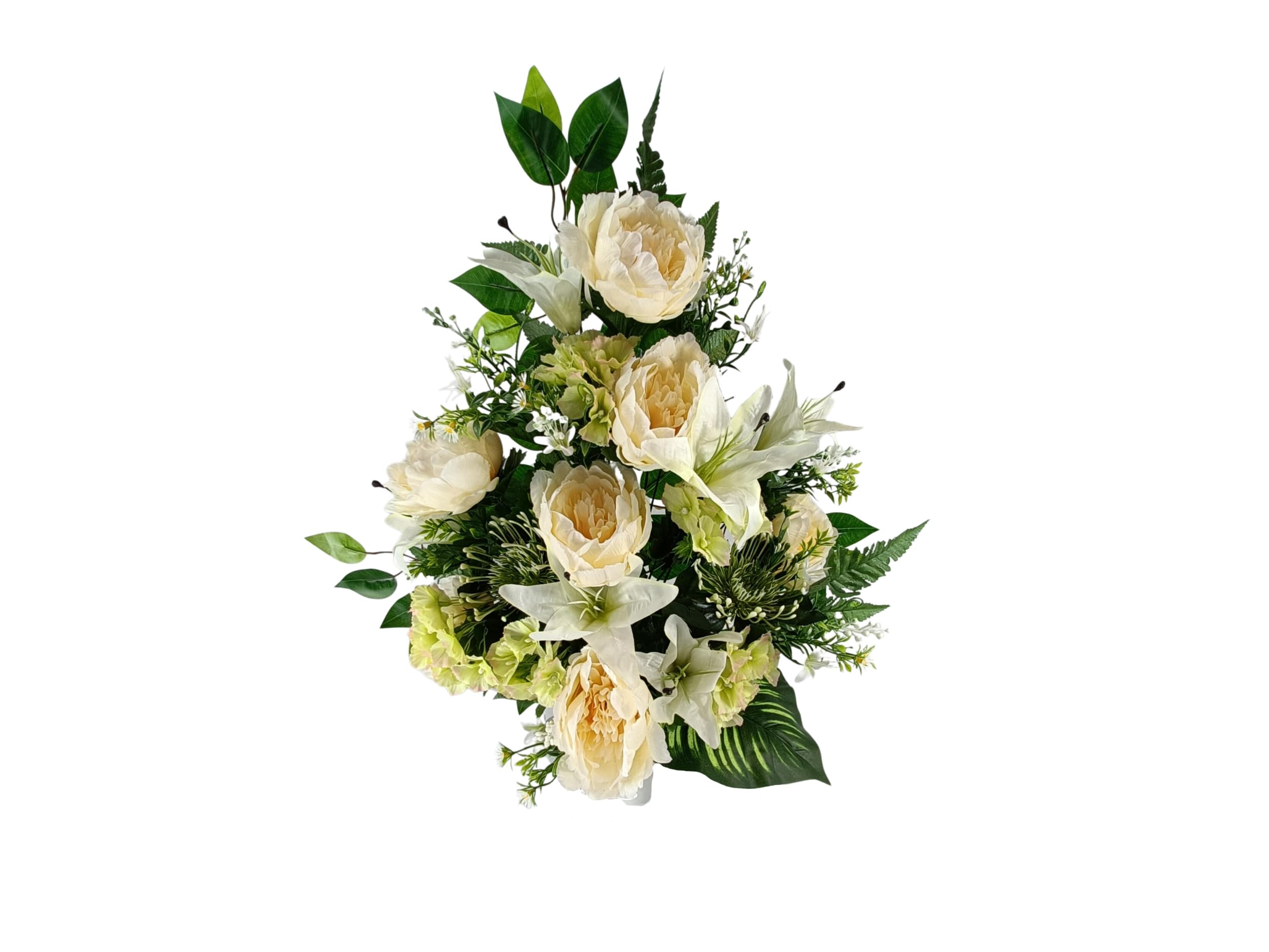 DRW Centro de Flores Artificiales para Cementerio Iglesias Bodas Centro de Flores para los Santos Beige Morado y Blanco (Jarron 65x40 cm)