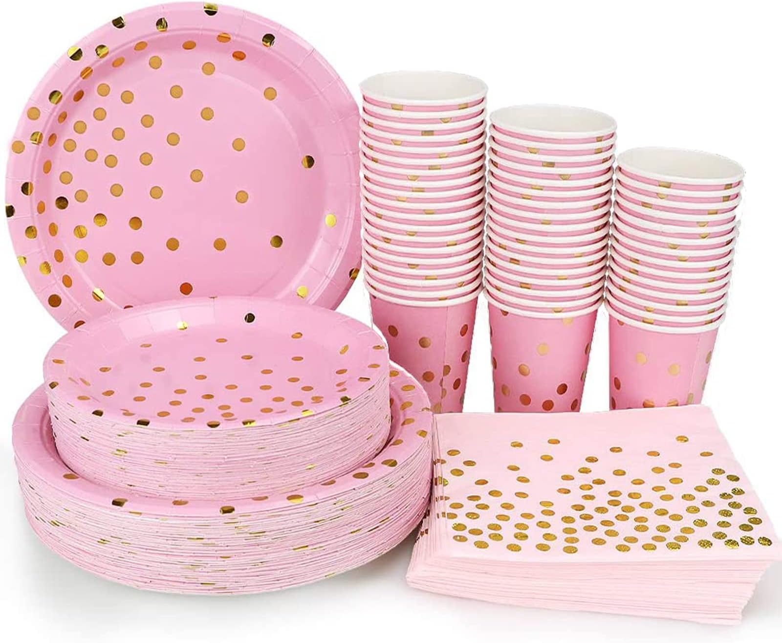 Pink and Gold Party Supplies - 200PCS Disposable Pink Paper Plates Dinnerware Set Gold Dots 50 Dinner Plates 50 Dessert Plates 50 Cups 50 Napkins Wedding Birthday Party Baby Shower Christmas