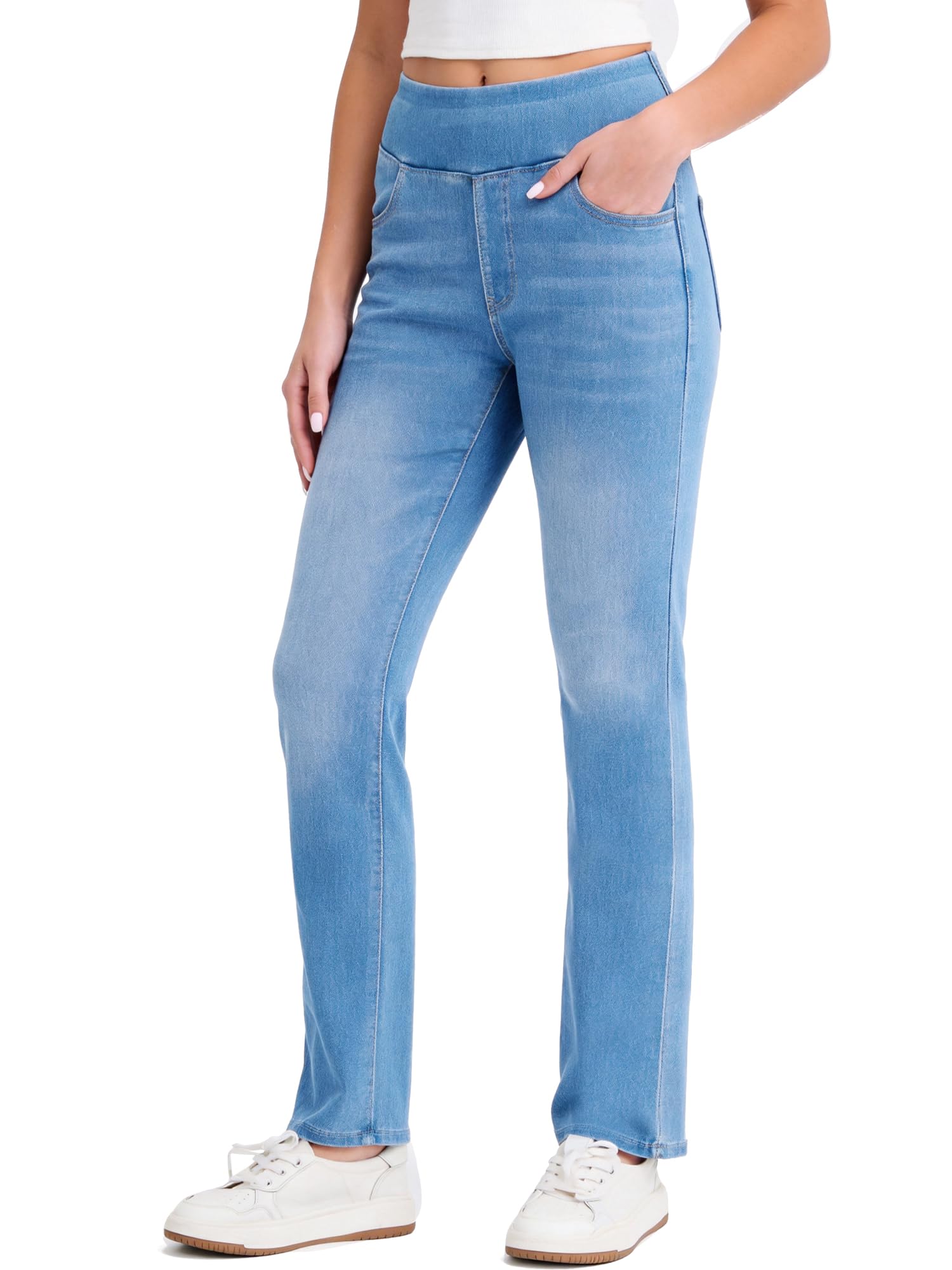 ZIRUU Damen Stretch-Denim Hohe Taille Waschbare Casual Bootcut Jeans mit Taschen Bauchsupport Hosen Elastisch Bequeme Gerade Beine Hosen