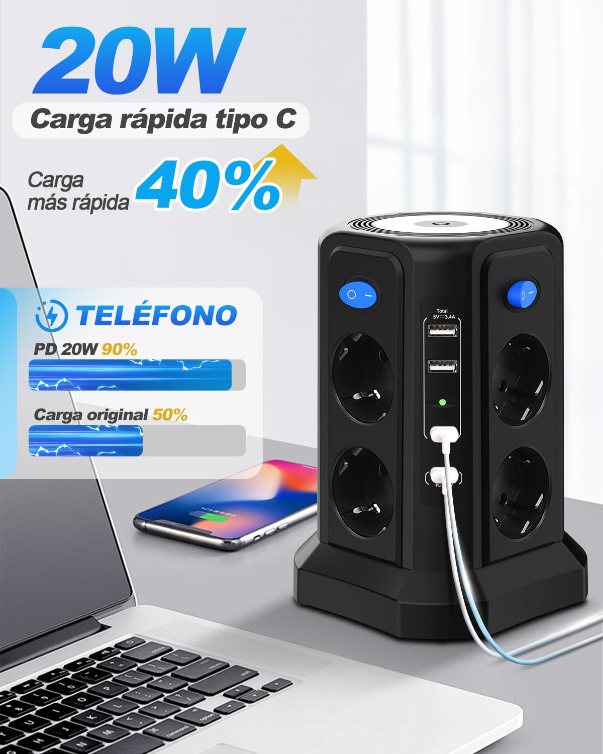 Torre Regletas Enchufes con Luz Nocturna y Carga Rápida PD 20W, Regleta Vertical 4000W 16A con Cable 3M, Protección Sobretensión, 8 Tomas y 4 USB, 4 Interruptores Independientes para Oficina y Casa