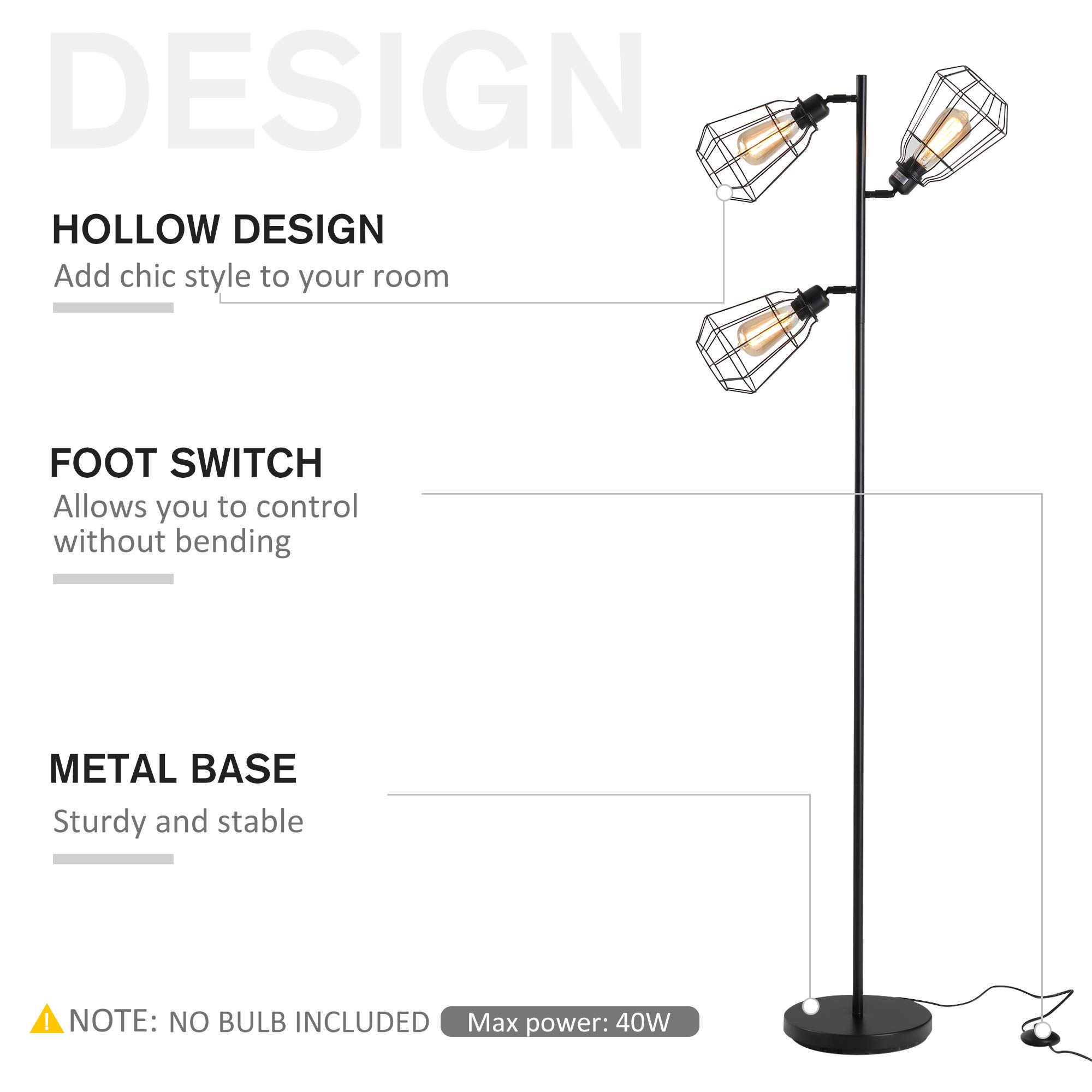 HOMCOM Lampada da Terra in Stile Industriale con 3 Paralumi Regolabili, Interruttore a Pedale, Acciaio Nero, Ф36 x 165cm