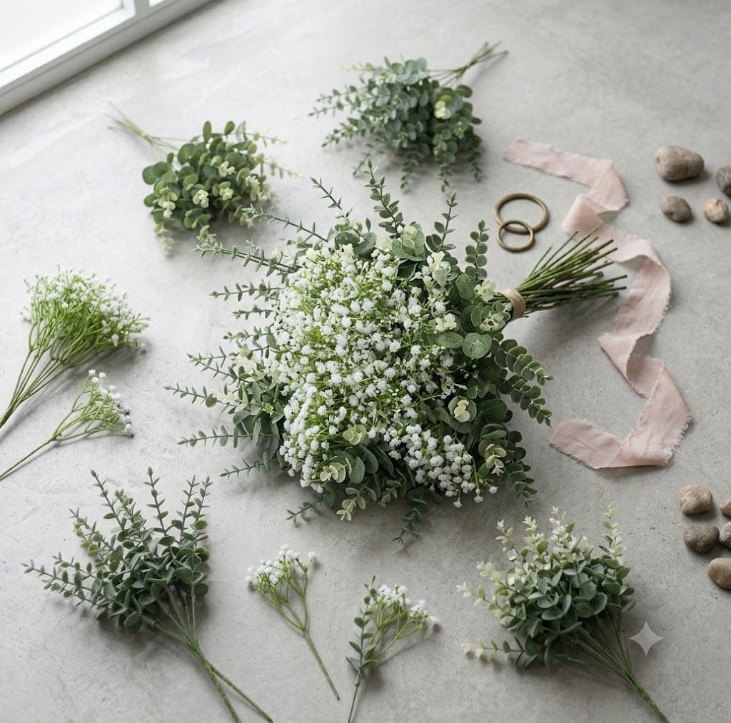 Künstlicher Blumenstrauß mit Schleierkraut und Eukalyptus, Real Touch Kunstpflanzen Deko für Vase, Biegbare Kunstblumen Stiele für DIY Hochzeit Brautstrauß, Heim Tischdekoration, Grün & Weiß