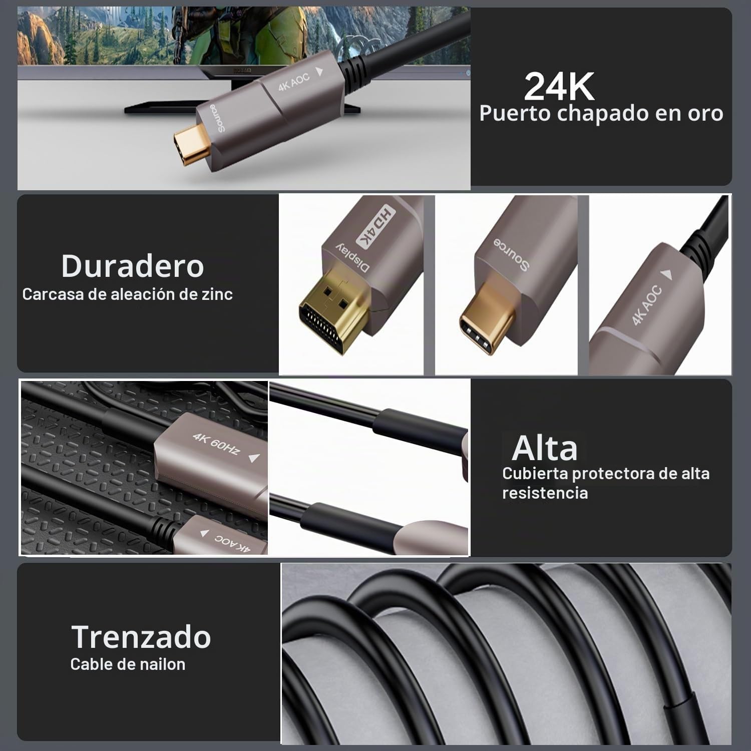 USB C a HDMI fibra óptica cable,CHENLENIC Cable USB C a HDMI de fibra óptica USB 3.1 tipo C a cable HDMI-10Meter