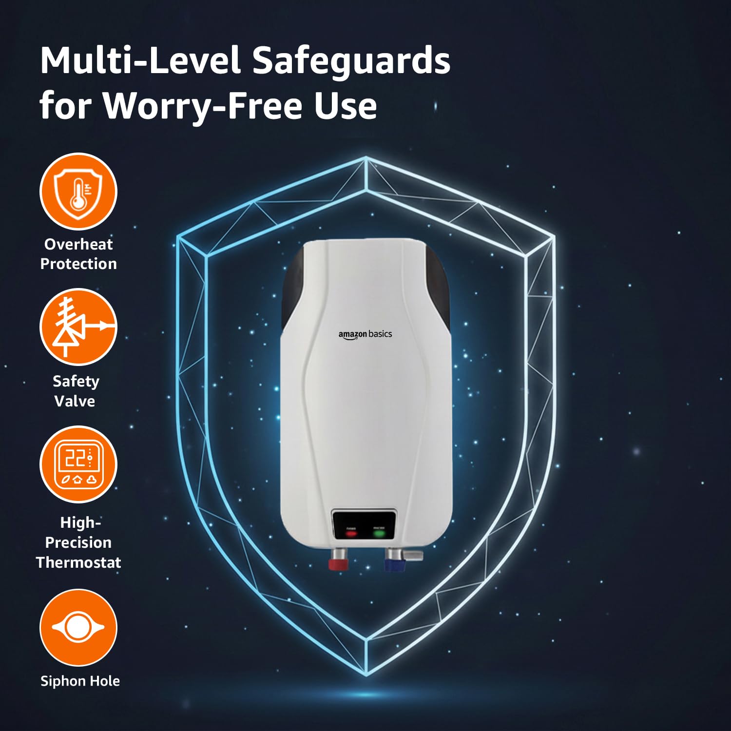 Amazon Basics 5.9L Instant Water Heater | 3KW | Geyser with PP Body & SS Tank | Corded Electric | Rust Proof | 4 Level Safety | White 3