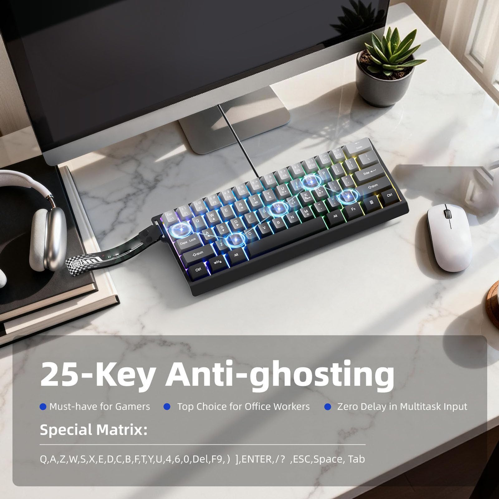 Garsent Mechaniczna Klawiatura do Gier, 60-procentowa Przewodowa, Podświetlana Kompaktowa Mini 61 Klawiszy Klawiatura do Laptopa PC, Czerwony Przełącznik, Ergonomiczna
