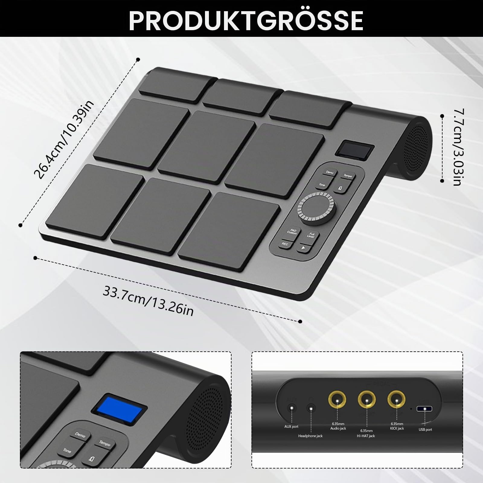 Schlagzeug Elektronisch, Schlagzeug Kinder Tragbares 9-Pad Digitales E Drum Set BT MIDI Verschiedene Audioverbindung LCD-Display Einstellbare Empfindlichkeit Elektrische Schlagzeug mit Drumsticks