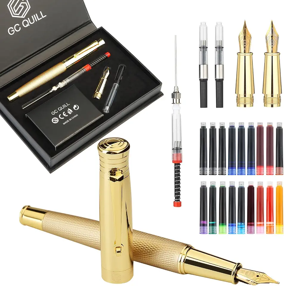 Conjunto de canetas-tinteiro douradas – pontas finas e médias, 18 cartuchos de tinta, conversor de tinta, enchimento de seringa, caneta de luxo para escrever diário – MU-24
