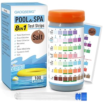 8 in 1 Salt Water Pool Testing Kit,100 Counts Salt Pool Test Strips,Spa & Hot Tubs Test Strip for Salt,Bromine,Chlorine,Cyanuric Acid,pH,Hardness,Alkalinity