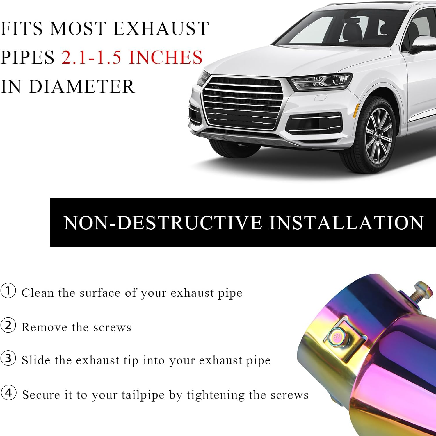 Stainless Steel Car Exhaust Tip, 2.5" to 3.3" Straight Polished Automotive Replacement Exhaust Pipes, Adjustable Car Decoration Chrome-Plated Finish Exhaust Tailpipe Tip (Colorful, Curved)