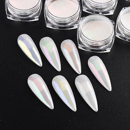Miniatura 5 de 7 colores de polvo de uñas de cromo perla, juego de polvo iridiscente de sirena aurora, pigmento metálico con efecto espejo brillante para esmalte