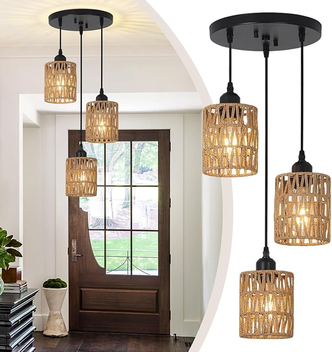 CRFASIBE Hanglamp met 3 Lampen, Hanglamp van Rotan voor Keuken, Verstelbare Hanger, Retro Kroonluchter voor Woonkamer, Slaapkamer, Badkamer, Restaurant(Zwart)