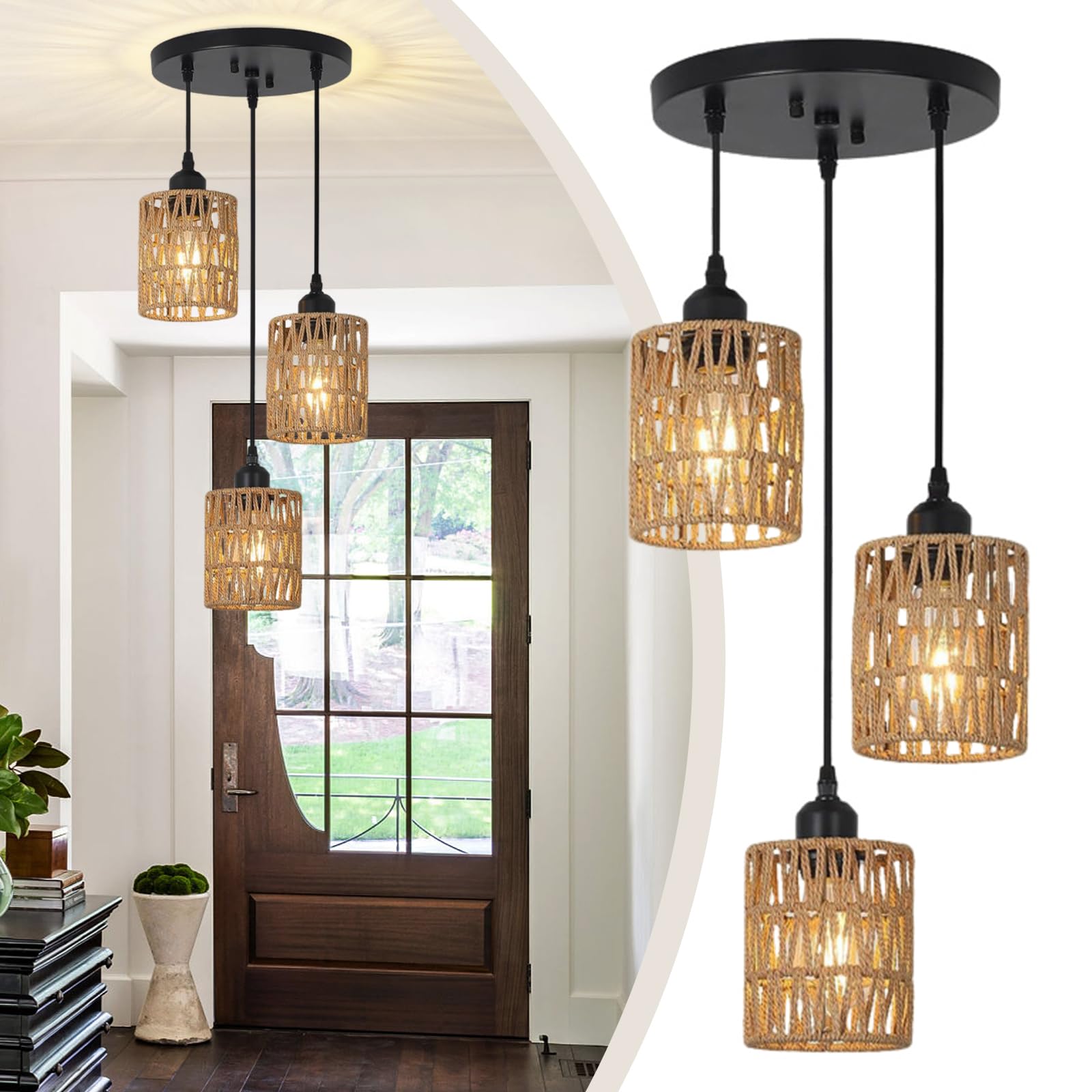 Lampade a Sospensione 3 Luci a Rattan, Retrò Paglia da Soffitto | Boho Lampadario Cucina, Attacco E26, Cavo del Ciondolo Regolabile, Lampadina non Inclusa, per Soggiorno Camera da Letto-Nero