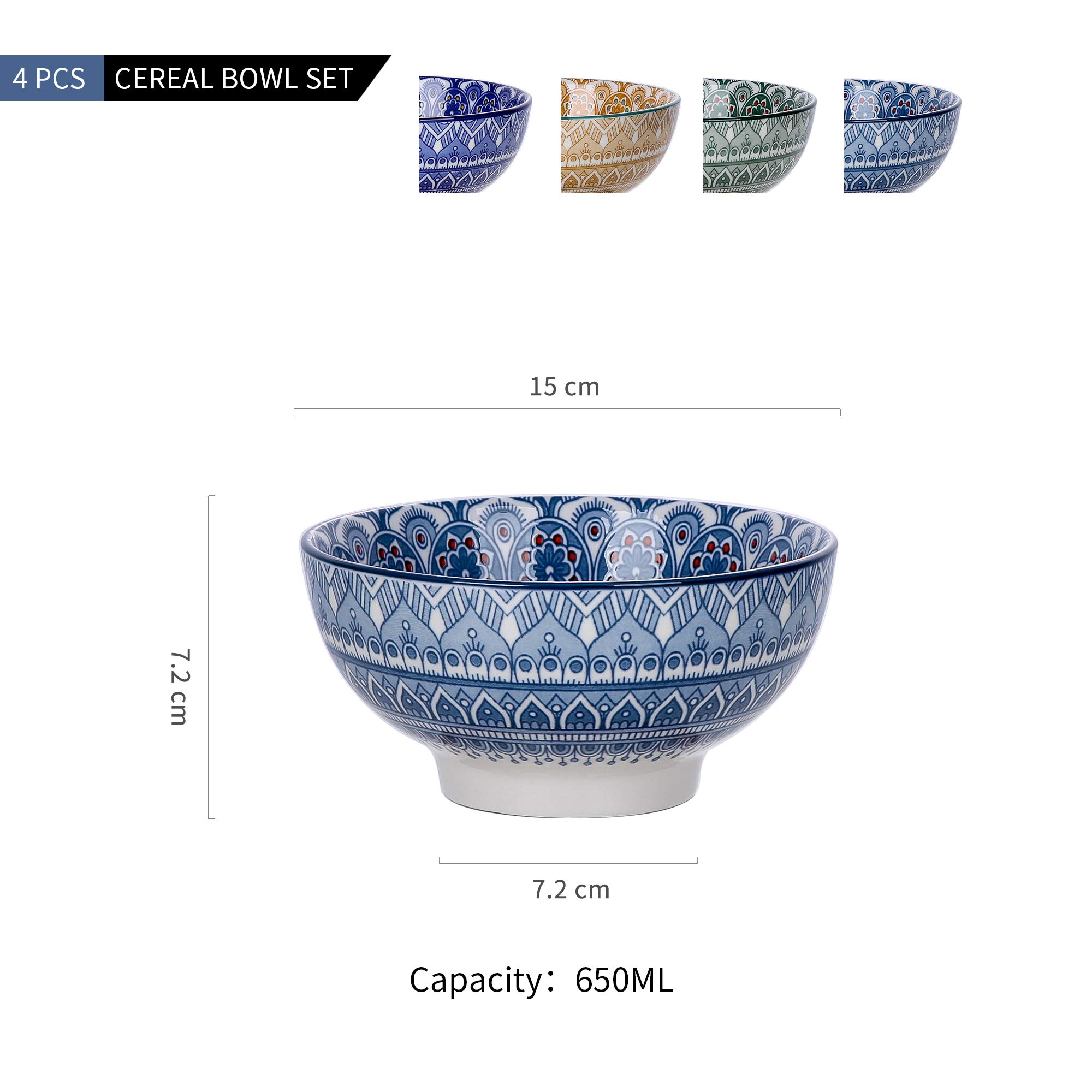 vancasso serie Mandala Cuencos para Cereales Juego de 4 piezas Tazones de Porcelana 650ML 15cm Tazon Redondo Pintado a mano Azul Claro